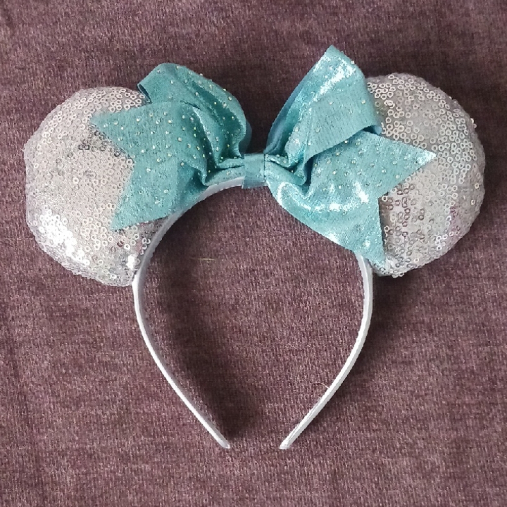 Disney Sequin Silver Ear Headband with Shimmery Silver Studded Light Blue Bow